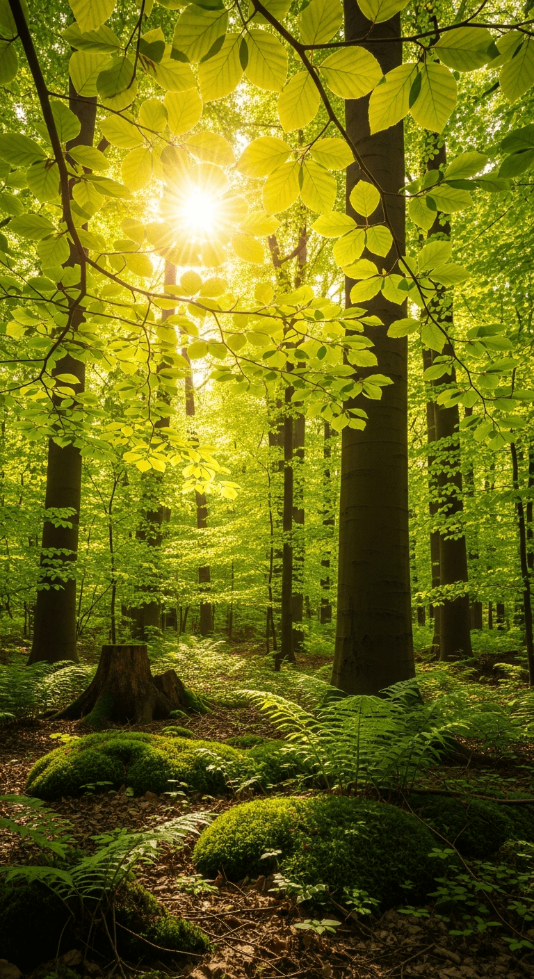 Sonnendurchfluteter Frühlingswald, leuchtend grüne Buchenblätter im Gegenlicht