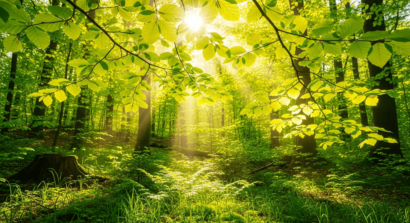 Sonnendurchfluteter Frühlingswald, leuchtend grüne Buchenblätter im Gegenlicht